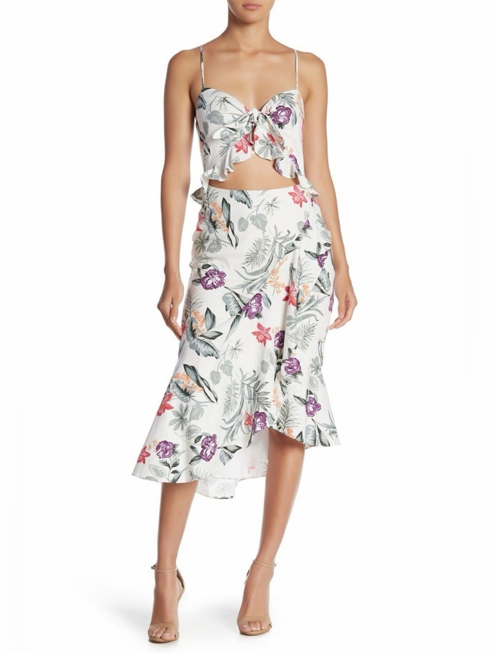 Wayf Mahari Ruffle Knot Front Floral Linen Blend Dress